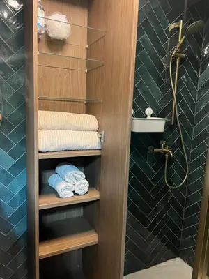 a bathroom with a wooden closet with towels at Olympie, airport, train and tram station Fully equipped for 3 peoples in Nice