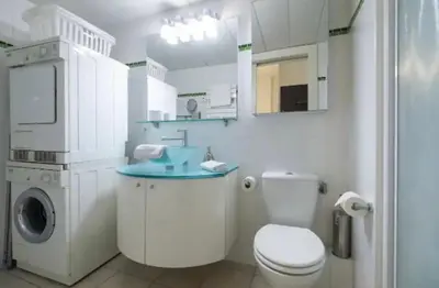 a bathroom with a toilet and a sink and a washing machine at Place Grimaldi, close to beach and restaurants, with balcony in Nice