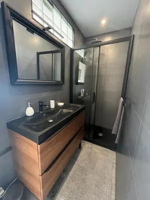 a bathroom with a sink and a mirror and a shower at Nice Excepetional view in Nice