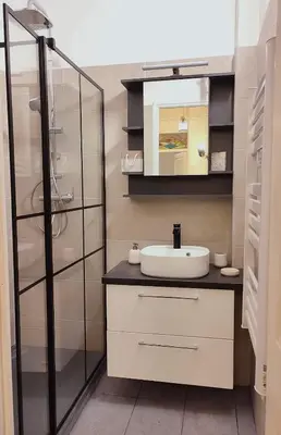 a bathroom with a sink and a glass shower at Cosy appartement in Nice city center in Nice