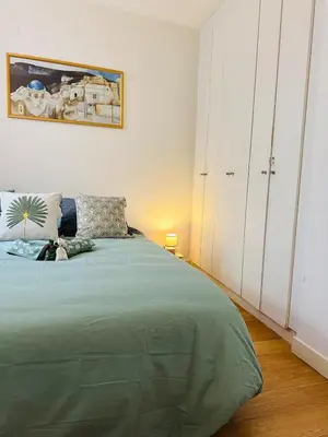 a bedroom with a green bed with white cabinets at New ! Charmant spacieux 2p Vieux-Nice calme in Nice