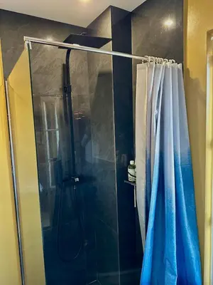 a bathroom with a shower with a shower curtain at 2 chambres, balcons, vue imprenable, climatisation - PALACE BLEU in Nice