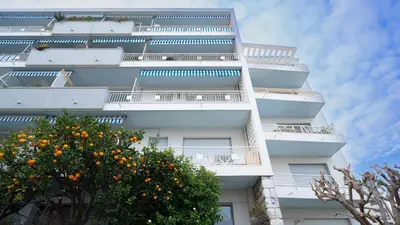 an apartment building with an orange tree in front of it at Il Sole e Mare in Nice
