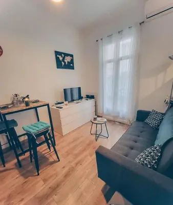a living room with a couch and a table at Studio T1 Centre - Idéal couple & amis - Confort - WIFI - Calme - Climatisation - Coin Terrasse in Nice