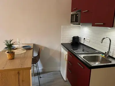 a kitchen with red cabinets and a sink and a table at Les Magnolias 06 in Nice