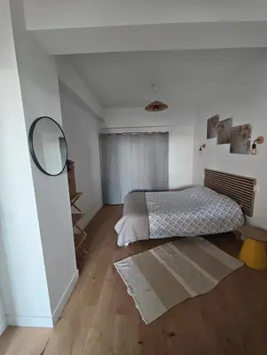 a bedroom with a bed and a mirror in it at Votre COCON Niçois Appart Vue Mer in Nice
