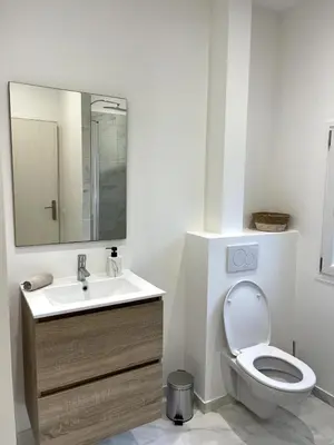 a bathroom with a toilet and a sink and a mirror at Joli 2 pièces avec terrasse, proche mer in Nice