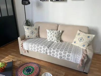 a couch with pillows on it in a living room at Charmant studio en plein coeur de Nice in Nice