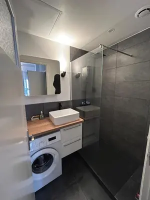 a bathroom with a washing machine and a shower at Chic Flat Near the Beach in Nice