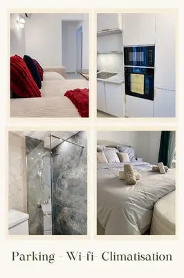 a collage of four pictures of a room with a bed at Appartement de luxe climatisé, parking & 2 balcons in Villefranche-sur-Mer