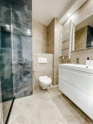 a bathroom with a toilet and a shower at Appartement de luxe climatisé, parking & 2 balcons in Villefranche-sur-Mer