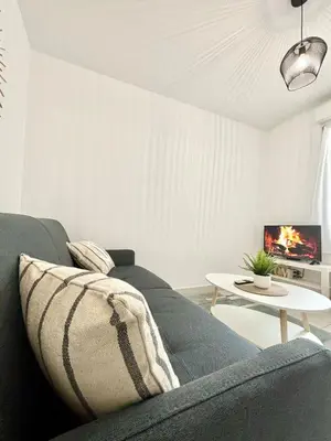 a living room with a couch and a table at Nid douillet rénové et tramway à 1 min in Nice