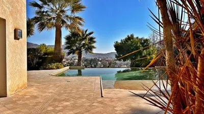 a house with a swimming pool and palm trees at Palm & Sun in Nice