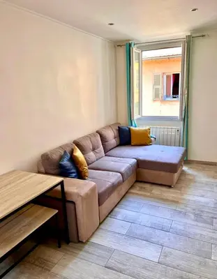 a brown couch in a living room with a window at Residence Lascaris in Nice
