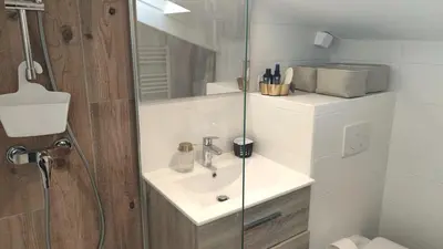 a bathroom with a sink and a glass shower at Gubernatis centre ville in Nice