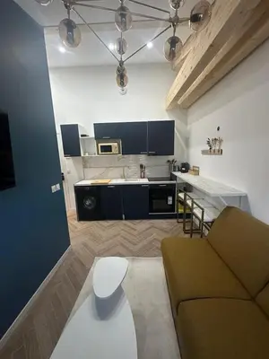 a living room with a couch and a kitchen at MOON - 45 in Nice