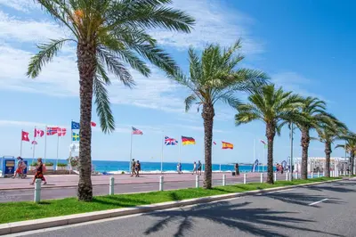 a street with palm trees and flags on the beach at FLEUR- Cosy Studio, 200 Promenade des Anglais et Negresco, wifi, climatisation- calme in Nice