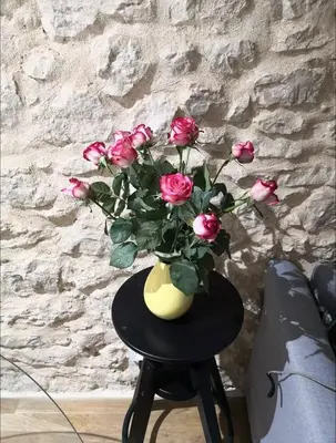a yellow vase with pink roses on a table at Duplex center of Nice with AC in Nice