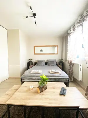 a bedroom with a bed and a wooden table at Bel Appartement 2 pièces - 10min de la mer in Nice