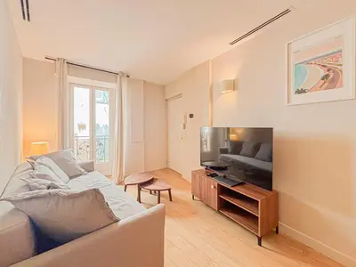 a living room with a couch and a flat screen tv at Petit cocon au cœur du Vieux-Nice, Wifi, AC, 2pers in Nice