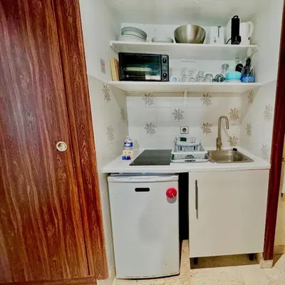 a small kitchen with a sink and a microwave at A G Cocon Massenet - Grimaldi - Promenade des Angl in Nice