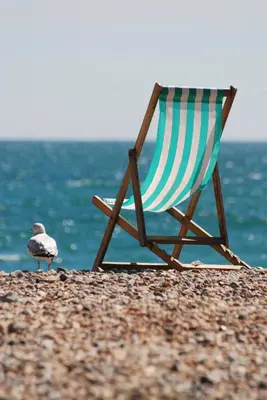 a seagull standing next to a chair on a beach at B G La Residence Grimaldi Promenade des Anglais in Nice