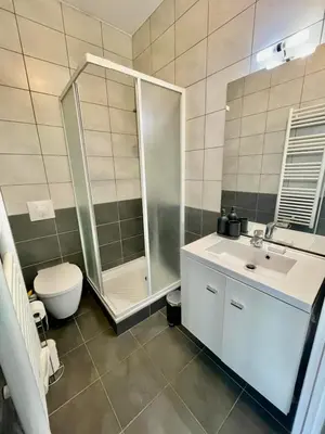 a bathroom with a shower and a sink and a toilet at Nice two-rooms with balcony in Nice in Nice