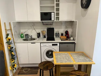 a small kitchen with a washing machine and a microwave at Nice Cosy in Nice