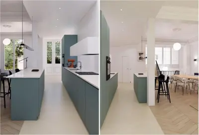 a kitchen with blue and white counters and a dining room at Nice Cote d'Azur jardin parking 6 pers luxe in Nice