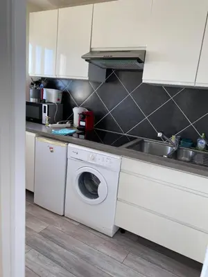a kitchen with a washing machine and a sink at STUDIO SUPER AQUARAMA Bord de mer in Saint-Laurent-du-Var