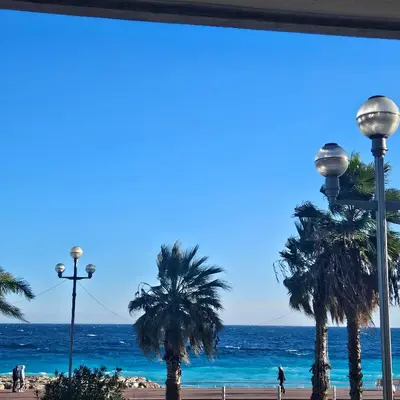 a view of the beach and palm trees at Vue mer studio tout équipé in Nice