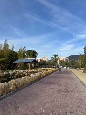 a person riding a bike down a brick road at Beau Studio avec belle terrasse au centre ville de Nice in Nice