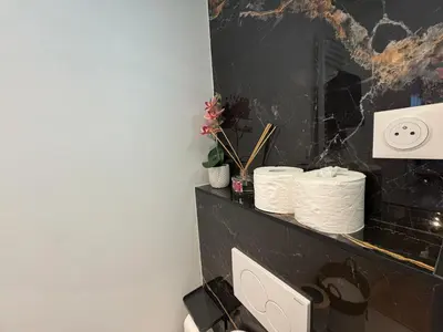 a bathroom with a toilet and a mirror and towels at Beau Studio avec belle terrasse au centre ville de Nice in Nice
