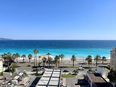 a view of a beach with palm trees and the ocean at Spacious 2P Terrace with sea view in Nice