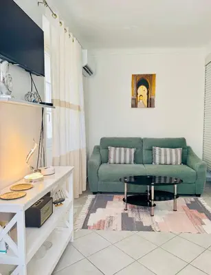 a living room with a green couch and a table at Cozy studio sur la promenade in Nice