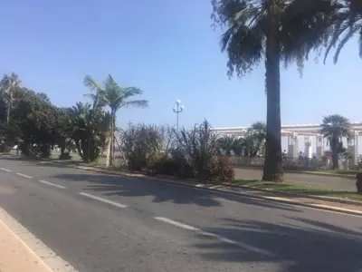 an empty street with palm trees and a building at Studio et ses deux piscines in Nice