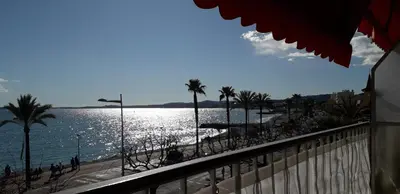 a view of a beach with palm trees and the ocean at Stella Maris in Cagnes-sur-Mer
