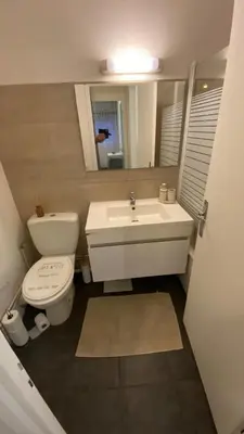 a bathroom with a toilet and a sink and a mirror at Appartement proche plage, aéroport, tram in Nice