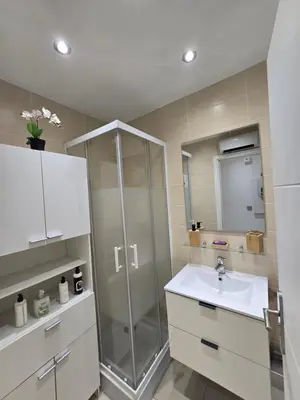 a bathroom with a shower and a sink at Sunny Prom Studio in Nice