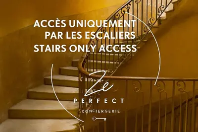 an image of a staircase with the words accessuation par less excellence stairs only access at Ze Perfect Place - Magnifique Studio Vieux Nice in Nice