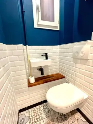 a bathroom with a white toilet and a sink at Wonderful apartment and garden heart of Nice in Nice