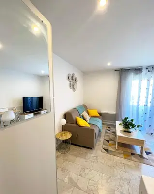 a living room with a couch and a tv at Super studio bord de mer, promenade des anglais in Nice