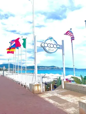 a row of flags on a beach with the olympics sign at A room in Nice Beach in Nice