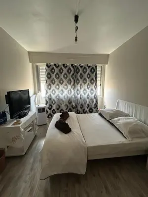 a bedroom with a large white bed and a television at A room in Nice Beach in Nice