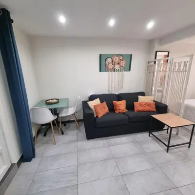 a living room with a couch and a table at Spacious studio full of charm, recently updated in Nice