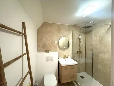 a bathroom with a shower and a toilet and a sink at Studio vieux nice coulee verte in Nice