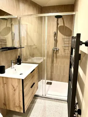 a bathroom with a shower and a sink at Côté Mer - Élégant 3 pièces, Wifi et climatisation in Nice