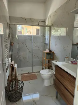a bathroom with a shower and a toilet and a sink at maison individuelle in Tourrette-Levens