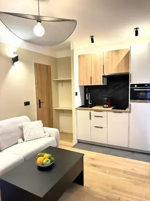 a living room with a couch and a table with a bowl of fruit at Studio Californien à deux pas de la plage in Nice