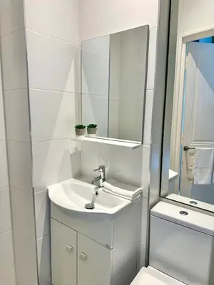 a white bathroom with a sink and a mirror at Harmonie Nature au cœur de Nice in Nice